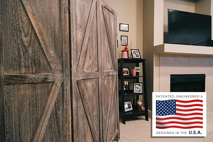 Premium Home 4-Panel Room Divider – Rustic Brown Barn Door, K Pattern Folding Privacy Screen, Partition Wall