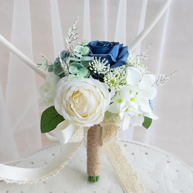 Wedding Bouquets for Bride Bridesmaid, Artificial Dusty Blue Bride Flower Bouquet for Wedding Church Decoration Ceremony, Anniversary, etc, Roses Flowers