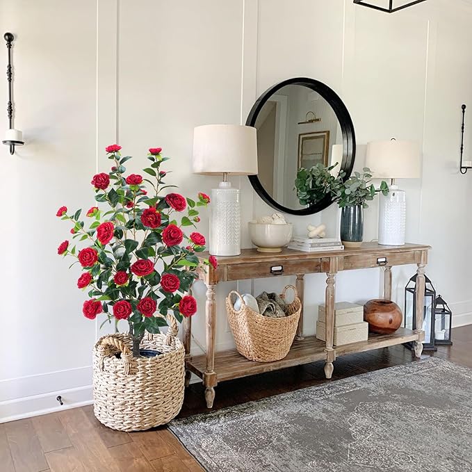 3.6FT Artificial Camellia Fake Tree, Artificial Plants & Flowers with 32 Red Flowers for Door Front Decoration Porch Patio Living Room Office Indoor Outdoor Decoration (Contains Dried Moss)