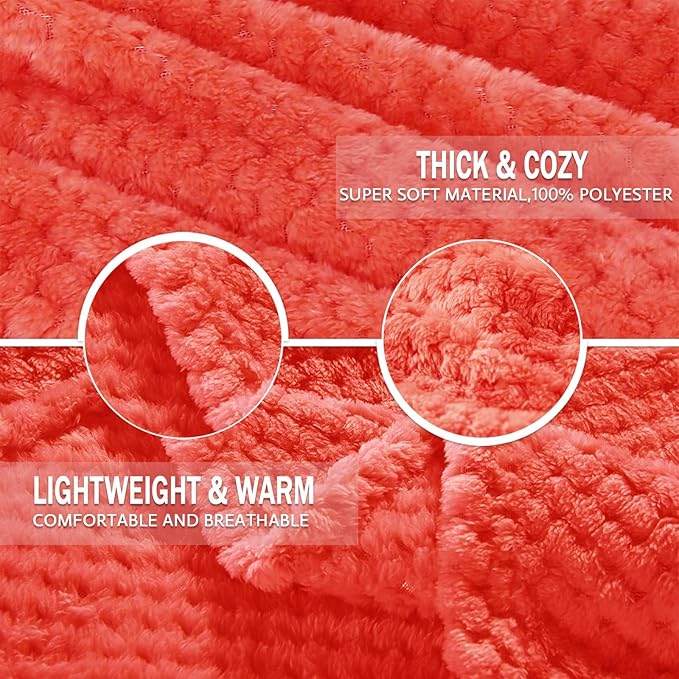Exclusivo Mezcla Fleece Throw Blanket Extra Large, Super Soft and Warm Blankets for Couch, Sofa and Bed Waffle Textured, Cozy, Fuzzy and Lightweight (Coral Orange, 50x70 Inches)