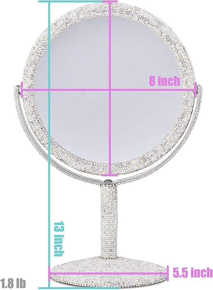 TISHAA Bling Makeup Vanity Mirror - Luxury Stand Double Sided Mirror Crystal Rhinestone Portable Desk Bathroom Bedroom (2X Magnification)