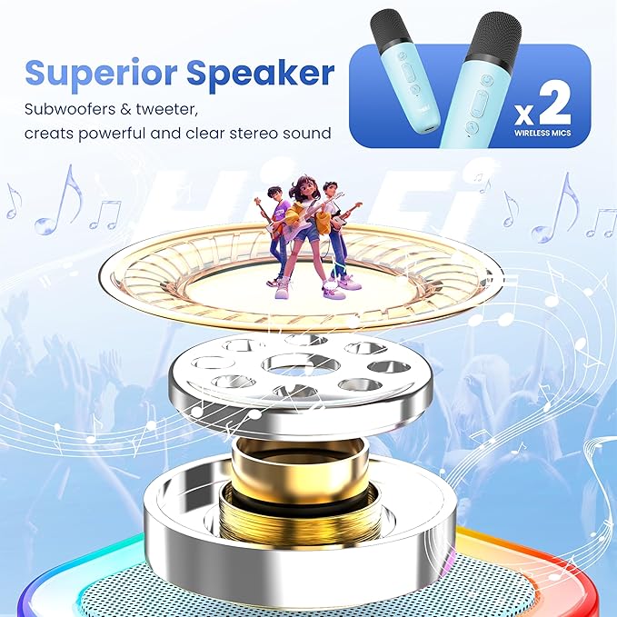 Mini Karaoke Machine for Kids Adults, Kids Toys Portable Karaoke Microphone Singing Speaker, Karaoke Player with 2 Wireless Mic, Birthday Gifts for Girls Ages 4, 5, 6, 7, 8, 9, 10, 12+ Years Old(Blue)