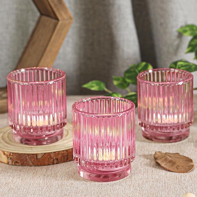 Vintage Ribbed Pink Glass Tealight & Votive Candle Holders (Set of 12) - Wedding, Bridal Shower Party Table Decor, Fall, Boho, Shelf Decoration