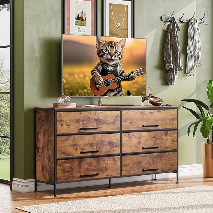 WLIVE Wide TV Stand for 60, 65, 70 inch TV, Large Entertainment Center with 6 Fabric Drawer, TV Media Console Table with Wood Top, Adjustable Feet for Living Room, Hallway, Rustic Brown