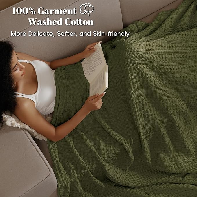 PHF 100% Cotton Waffle Weave Blanket Queen Size for Bed, Soft Lightweight & Breathable, All-Season Comfort, Luxury Aesthetic Woven Bedding for Home Decor, 90"x90", Capulet Olive
