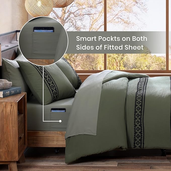 MaiRêve Oversized Queen Comforter Set Olive Green, Embroidery Western Bedding Set Boho 7 Pieces, Farmhouse All Season Bed in A Bag with Sheets, Pillowcases & Shams