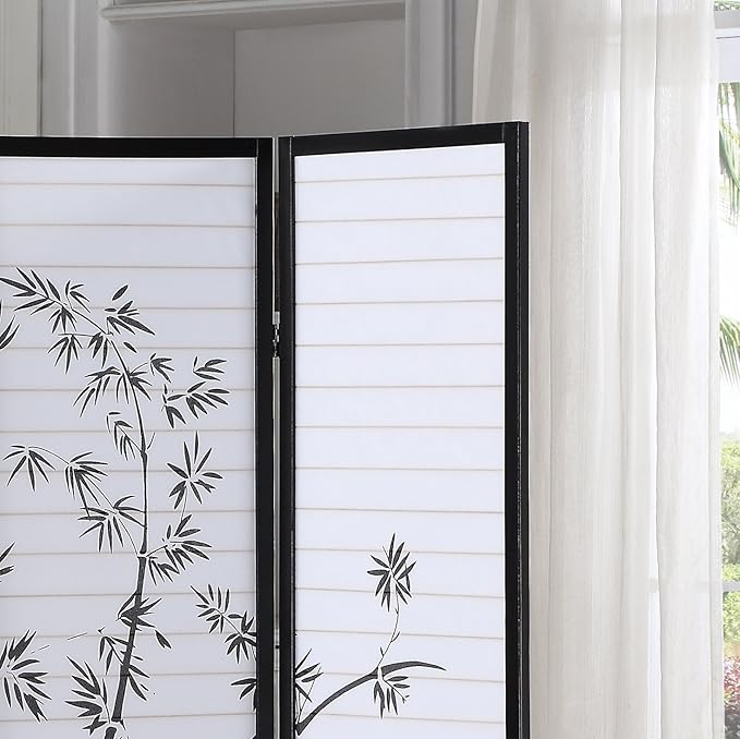 Roundhill Bamboo Print 4-Panel Framed Room Screen/Divider, black