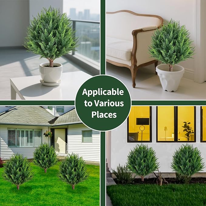 23”Artificial Cedar Topiary Ball Tree Set of 2 with Ground Spikes, UV Resistant Artificial Bushes Fake Plants for Home Front Door Offices