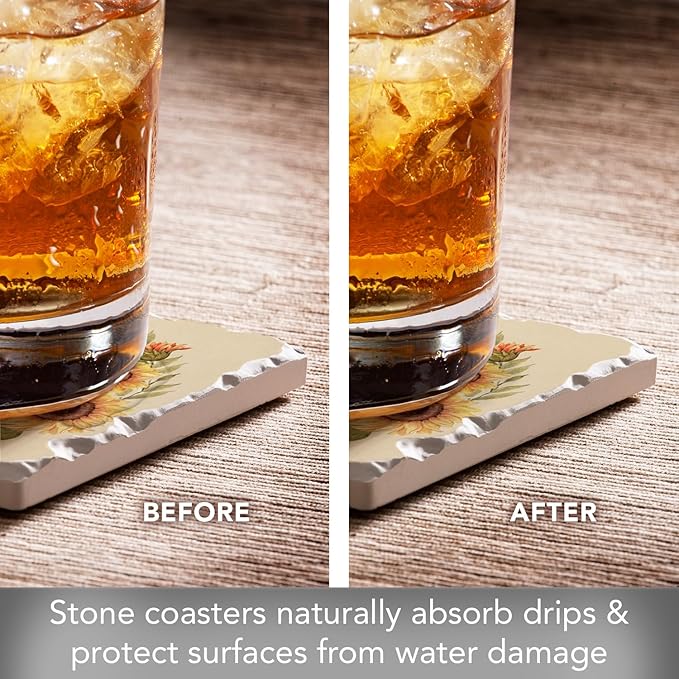 Thirstystone Harvest Field 4 Pack Assorted Tumbled Tile Stone Coasters with Protective Cork Backing 4" Square Manufactured in The USA