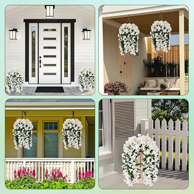 Artificial Bougainvillea Flowers for Outdoor Plant,4 pcs Faux Hanging Flowers Bougainvillea for Outside Decoration,Fake Silk UV Resistant Vines for Front Door Porch(White)