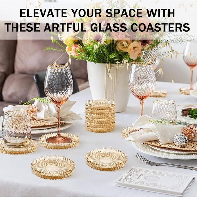 Glass Candle Holders, GOH DODD Set of 8 Crystal Pillar Plates Modern Coasters for Drinks, Centerpiece, Home Decor, Kitchen, Living Room, Patio, Wedding, Halloween, Christmas, Party, Amber