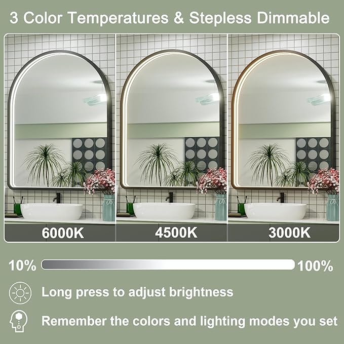 20x30 Inch Arched LED Bathroom Mirror with Lights, Adjustable 3000K/4500K/6000K, Wall Mounted Black Frame Lighted Bathroom Vanity Mirror, Anti-Fog, Dimmable, Memory Function