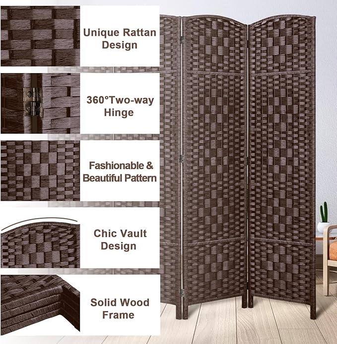 Rose Home Fashion 6 ft Tall Room Divider, Room Dividers and Folding Privacy Screens, 15.7in Privacy Screen 3 Panel Partition Temporary Wall Separation for Private, Brown