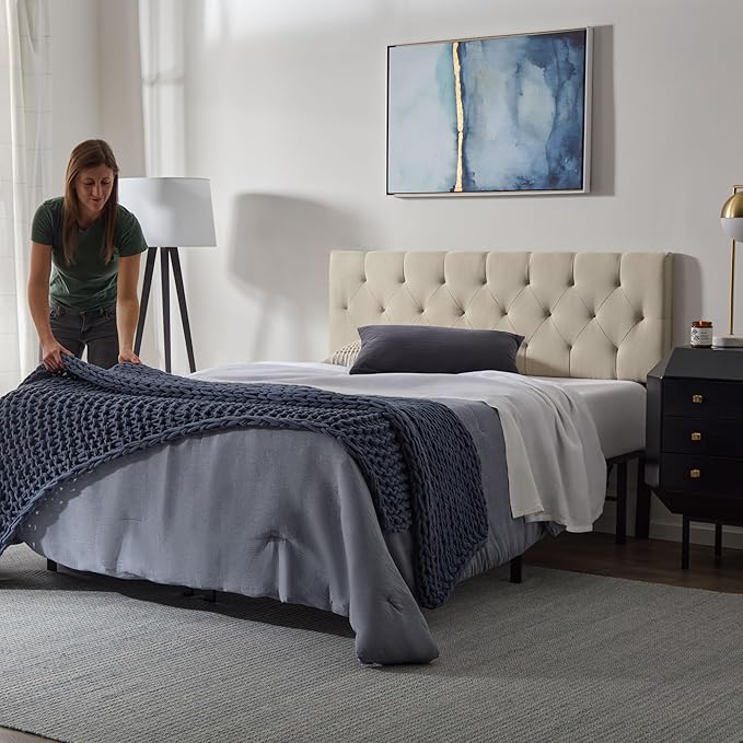 Lucid Mid-Rise Upholstered Headboard - Diamond Tufted - Padded Polyester - Adjustable Height from 34” to 46” - Easy Assembly - Bed Frame or Wall Mount - Sturdy - Pearl - Full / Full XL Size
