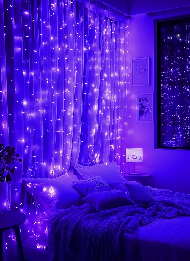 Brightown 300 LED Purple Halloween Fairy Curtain Lights, 9.8ft x 9.8ft Curtain String Lights, USB Plug in 8 Lighting Modes LED Christmas String Hanging Lights with Remote for Bedroom Indoor Weddings