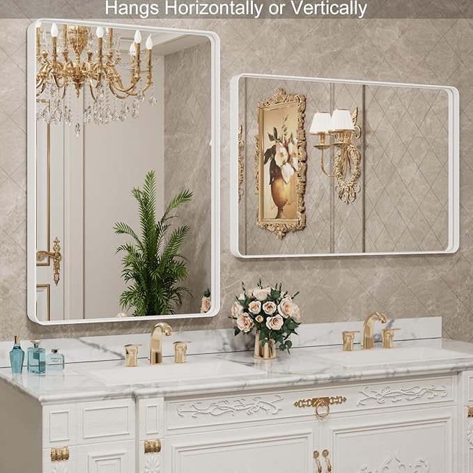 LOAAO 24x36 Inch White Metal Framed Bathroom Mirror for Wall, White Bathroom Vanity Mirror Farmhouse, Large Rounded Rectangle Mirror, Anti-Rust, Hangs Horizontally or Vertically