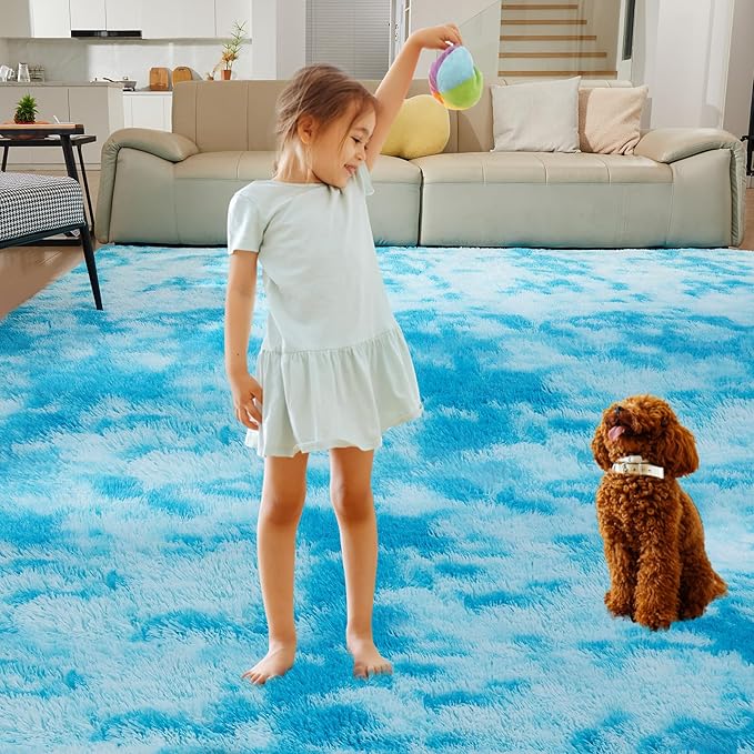 Ultra Soft Rug for Living Room, 6X9 Fluffy Shag Area Rug for Bedroom, Modern Shaggy Carpet Fuzzy Rug for Teens Dorm Nursery Home Decor Aesthetic, Upgrade Anti-Skid Durable, Tie-Dyed Blue