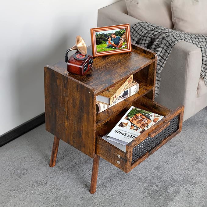 Lerliuo Rattan Nightstand, Boho Side Table with Drawer Open Shelf, Cane Accent Bedside End Table with Solid Wood Legs for Bedroom, Dorm and Small Spaces (Brown)