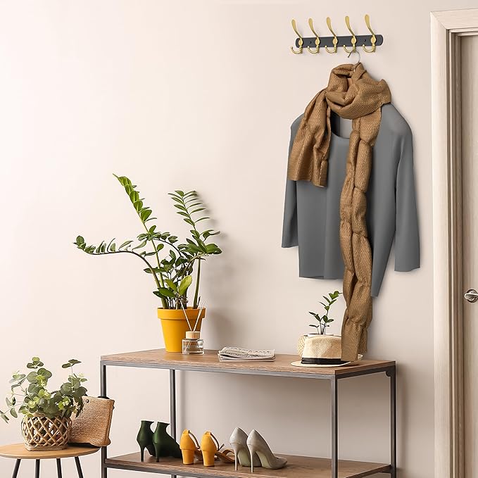 Coat Rack Wall Mount with 5 Tri Hooks, Stainless Steel 16 Inch – Black & Gold Matte Finish, Heavy Duty Wall Mounted Hook Rack for Coats, Hats, Towels, Scarfs, Robes, Bags, Entryway & Bathroom, 4 Pack