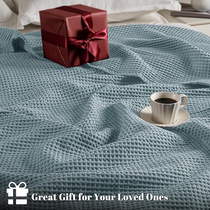 PHF 100% Cotton Waffle Weave Blanket Twin Size for Bed,Snag Proof Lightweight Breathable Moisture-Wicking Throw for Couch,Great for Layering in Cold Weather,Machine Washable,Home Decor Gift-Ocean