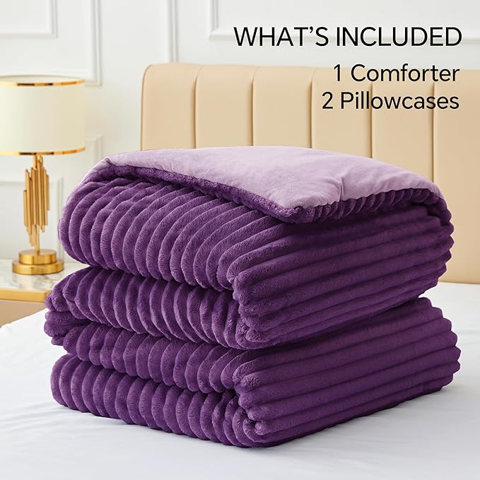 BEDELITE Fleece King Comforter Set -Super Soft & Warm Fluffy Purple Bedding, Luxury Fuzzy Heavy Bed Set for Winter with 2 Pillow Cases