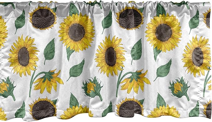 Ambesonne Sunflower Window Valance Pack of 2, Agricultural Pattern Botanical Inspiration Hand-Drawn Flowers, Rod Pocket Curtain Valances for Kitchen Bedroom, 54" X 18", Reseda Green Dark Brown