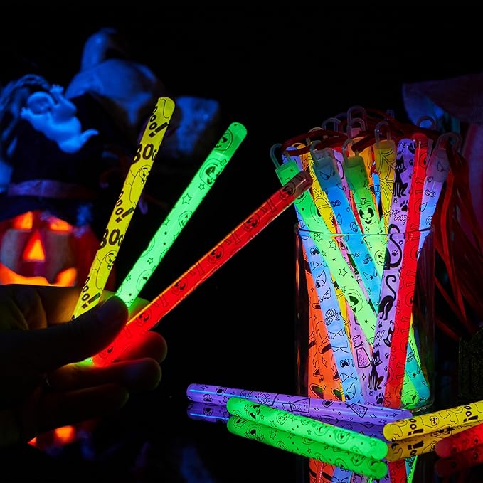 JOYIN 30 Pcs Halloween Glow Sticks Bulk Party Pack, Hanging Wands in 8 Design, 6 Color Light Up Stick for Kid Glow in The Dark Halloween Party Favor Supplies, Goodie Bag Filler, Trick or Treating Gift