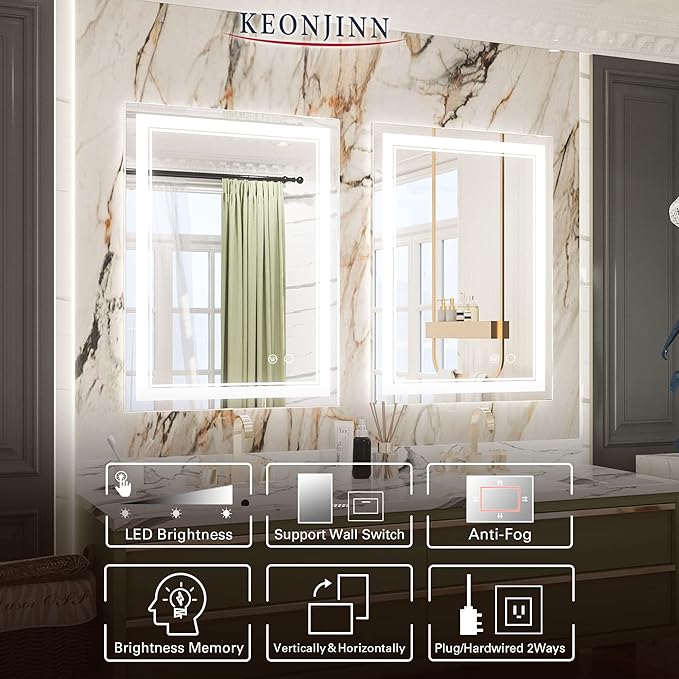 Keonjinn LED Mirror 24 x 32 Inch, Lighted Bathroom Vanity Mirror for Wall, Fronlit Only, HD Tempered Glass, UL-Listed LED Driver, Anti-Fog, Dimmale 6000K, Easy Installation(Horizontal/Vertical)