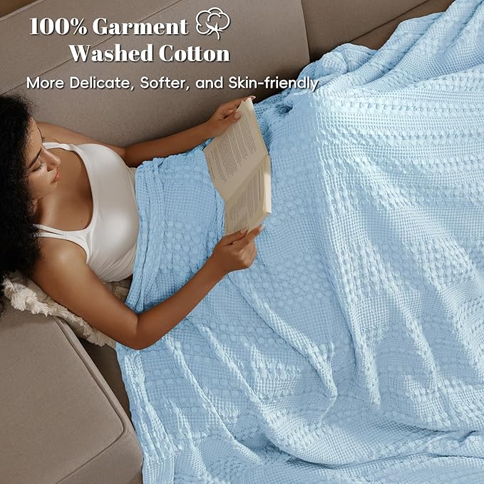 PHF 100% Cotton Waffle Weave Blanket King Size for Bed, Soft Lightweight & Breathable, All-Season Comfort, Luxury Aesthetic Woven Bedding for Home Decor, 108"x90", Baby Blue