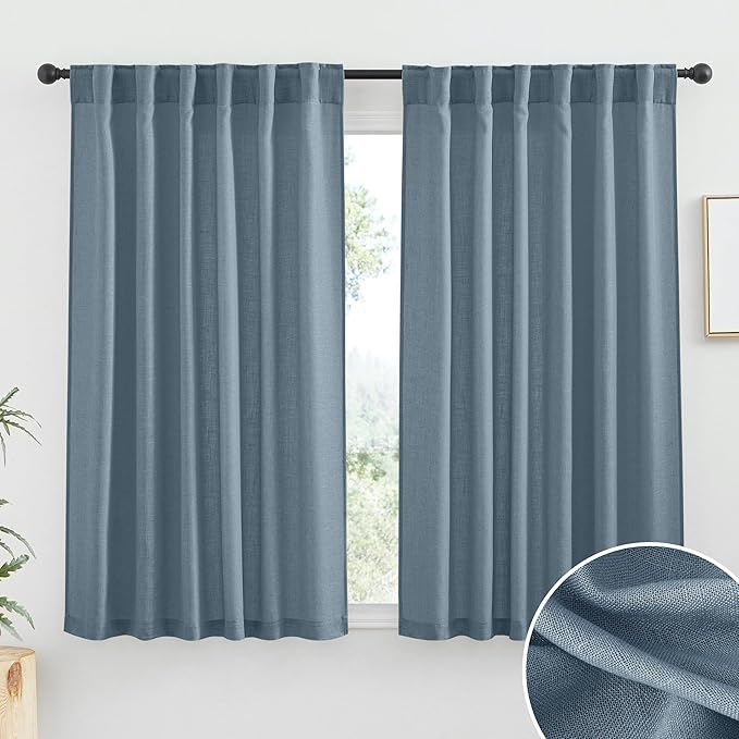RYB HOME Blue Sheer Curtains - Linen Wave Texture Half Privacy Sheer Curtains Light Airy Vertical Drapes Small Window Treatment for Bedroom Bathroom Living Room, Stone Blue, W 52 x L 45 inch, 2 Panels