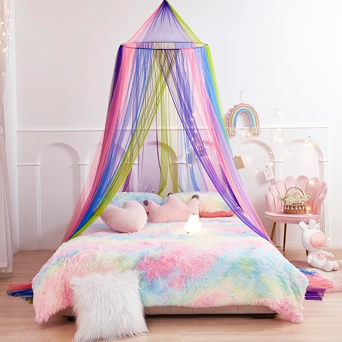 Rainbow Bed Canopy for Girls, X-Large Princess Bed Canopy Rainbow Bedroom Accessories Decor,Girls Mosquito Net Dome Canopy for Twin to King Size Bed