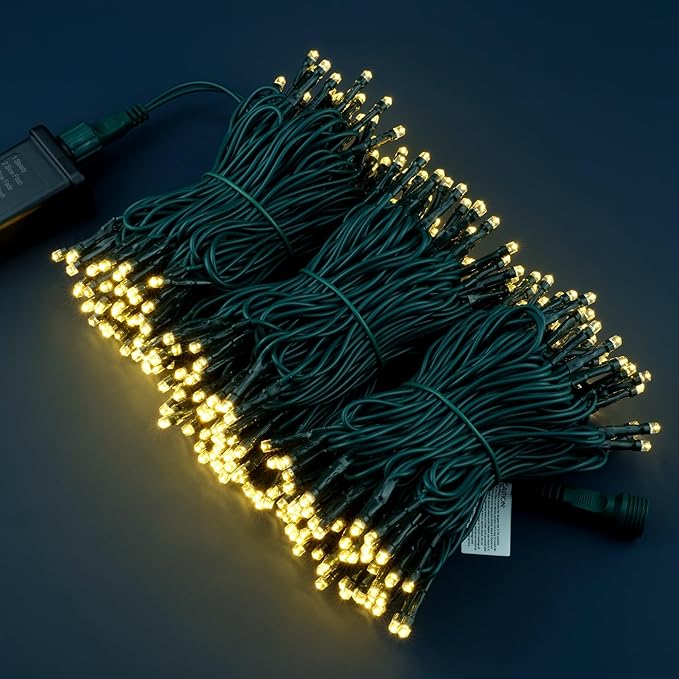YULETIME 100 ft 300 Count Warm White LED String Lights with 8 Models Adapter, Green Wire Wide Angle 5mm Christmas Lights (Warm White - Green Wire)