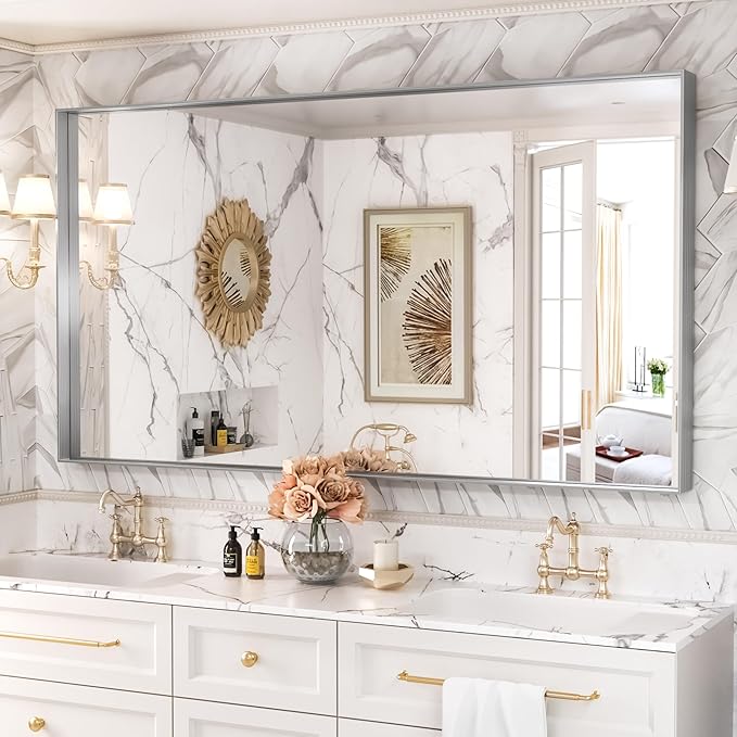 Suidia Bathroom Mirror, 60" x 36" Wall Mirror Metal Framed, Bathroom Vanity Mirror for Living Room Bedroom Bathroom Entryway, Silver, Rect Corner Style