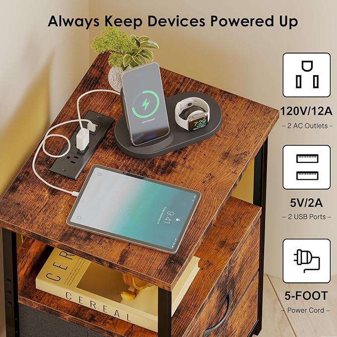 Fixwal Night Stand with Charging Station, LED Nightstand with U-S-B Ports and Outlets, 2 Fabric Storage Drawers with PU Finish, Bedside Table, Rustic Brown