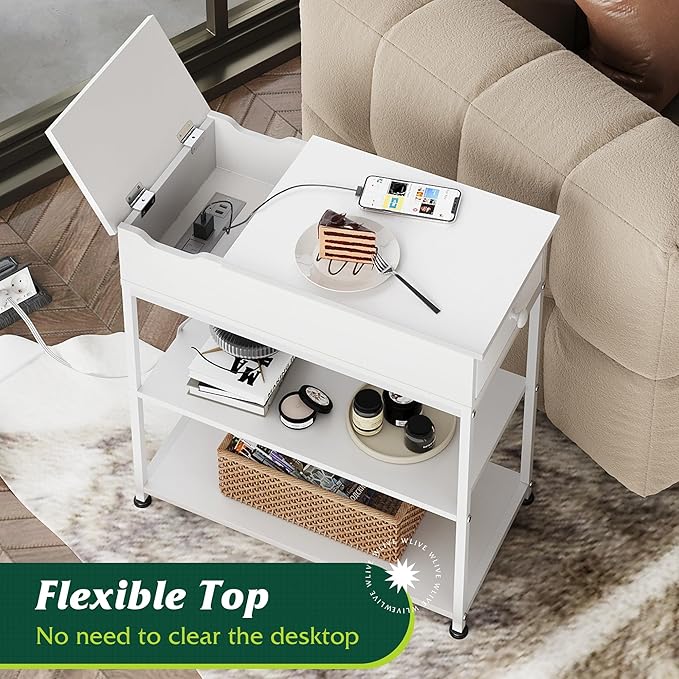 WLIVE Narrow Side Table with Charging Station, Couch Side Table for Living Room, Narrow End Table for Bedroom with Fabric Drawer, USB Ports and Power Outlets, Samll Nightstand Bedside Tables, White