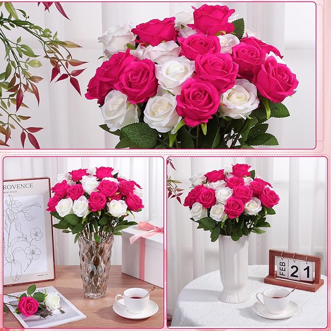 72 Pcs Hot Pink, White Artificial Roses, Bulk Fake Silk Flowers for Wedding Arch, Centerpieces, Vase Filler, Party Decor (36 Pink + 36 White)