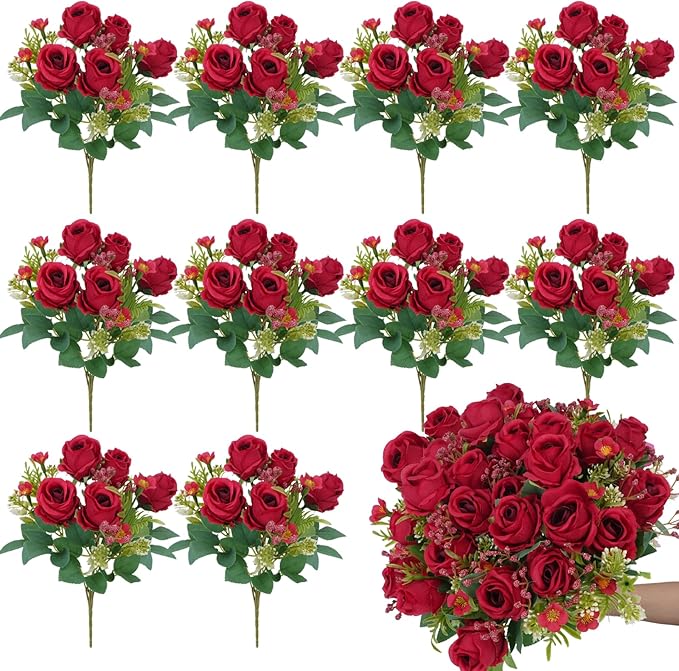 10 Bunches Red Roses Artificial Flowers, Flores Rojas Silk Flower Arrangement for Decoration Outdoor Wedding Party Indoor Home Bedroom Kitchen Office