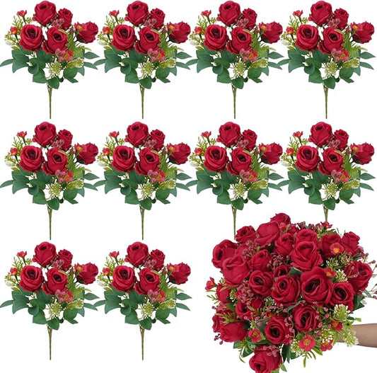 10 Bunches Red Roses Artificial Flowers, Flores Rojas Silk Flower Arrangement for Decoration Outdoor Wedding Party Indoor Home Bedroom Kitchen Office