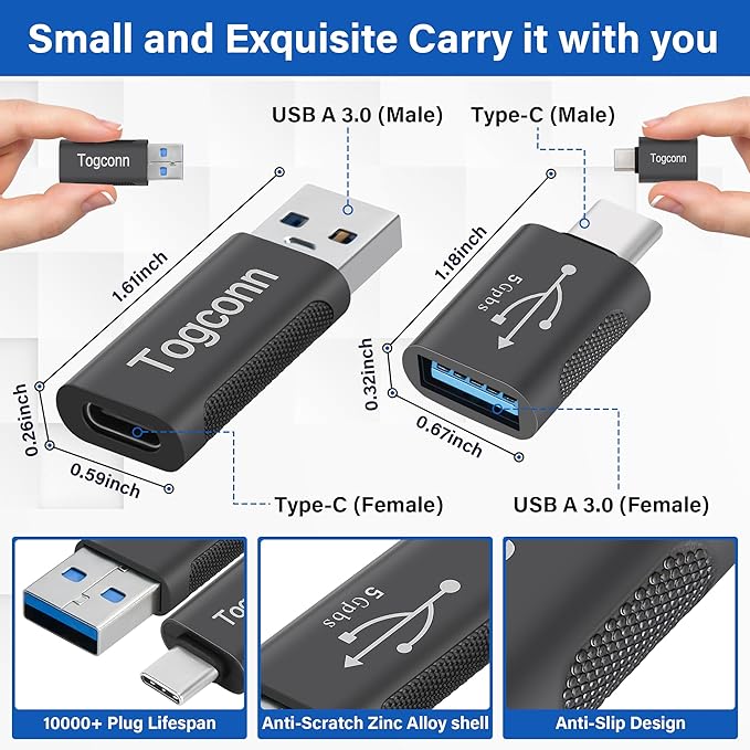 USB 3.0 to USB C 3.1 Adapter (4 Pack), [Slim Design, Side-by-Side Use] USB-A (Male) to USB-C (Female) & USB Type-C (Male) to USB-A (Female) Converter Connector Supports Charge & 5Gbps Data Sync