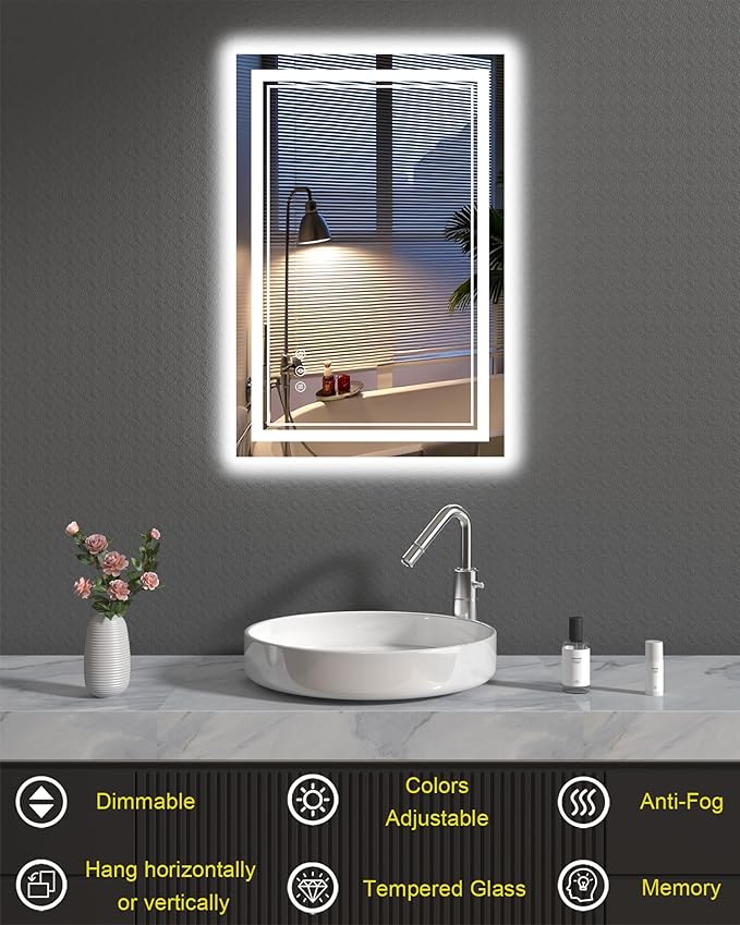 24x36 Inch Bathroom Mirror with Lights, LED Vanity Mirror for Bathroom Wall Mounted with Threefold Brightness by 2 Front Lights & 1 Backlit, Anti-Fog, Stepless Adjusted, Unbreakable Tempered Glass