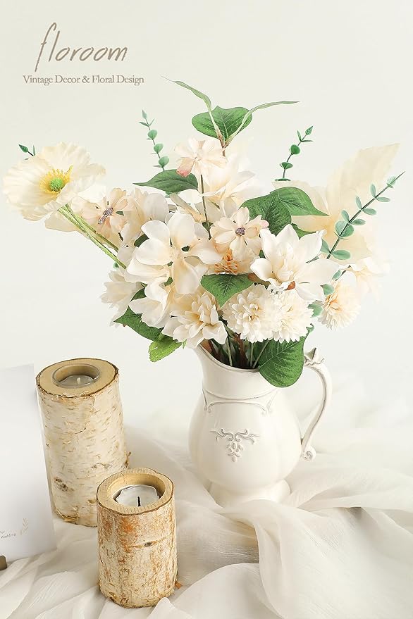 Floroom Artificial Greenery Stems Box Set, 22pcs with 8 Kinds of Faux Greenery Flowers Picks for DIY Bridal Bouquets Wedding Floral Arrangement Table Centerpieces, Green & Cream