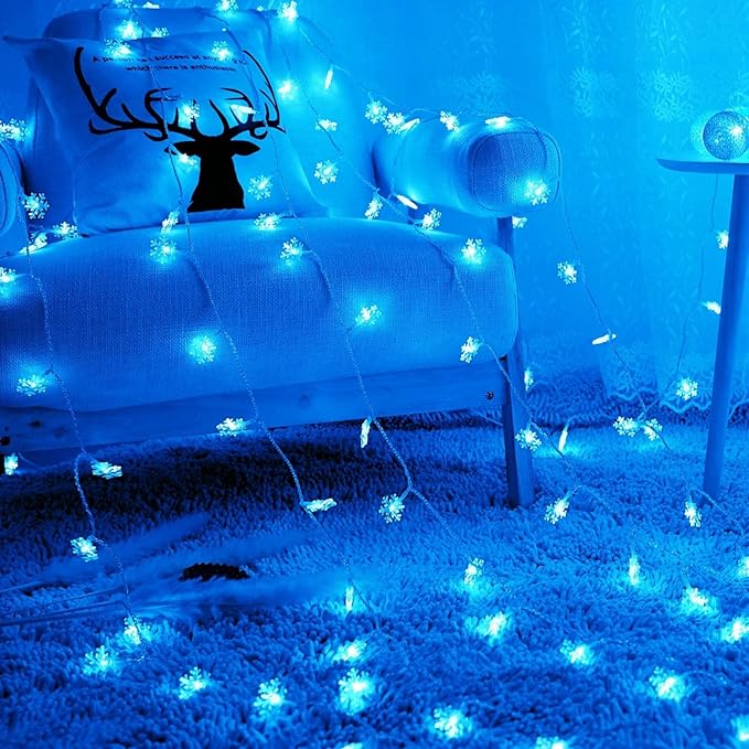 Christmas Snowflake String Lights, 20 FT 40 LED Battery Operated Blue Fairy Lights with Remote, 8 Modes Hanging Lights for Bedroom Room Decor Patio Party Wall Indoor Outdoor Xmas Tree Decorations