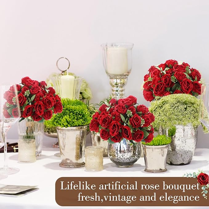 Zeyune 8 Pack 12 Inch Wedding Bouquets for Bride Bridesmaid Red Artificial Rose Bouquet Fake Silk Roses Flowers Bunches Bulk for Home Office Garden Parties Decoration