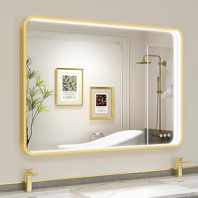 LED Bathroom Mirror with Lights, 40x28 Inch Gold Metal Framed LED Mirror for Bathroom, 3 Colors and Stepless Dimmable Wall Mounted Lighted Bathroom Vanity Mirror, Anti-Fog, Memory