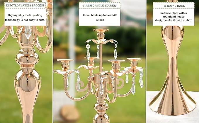20.3'' Tall 5 Arm Gold Candelabra Centerpiece for Table, Metal &Crysyal Candle Holder, Retro Candelabra/Candlestick Table Centerpieces for Party, Events, Home, Wedding Decor (1pc, Gold)