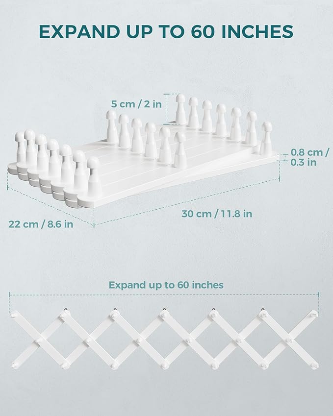 OROPY Wood Accordion Wall Hanger, Expandable Coat Rack Wall Mount with 20 Pegs, Expanding Hat Rack for Wall White
