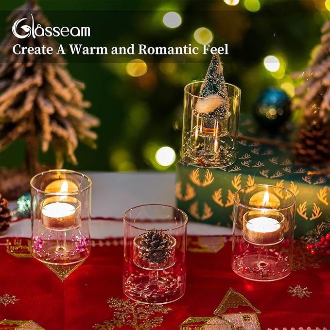 Glasseam Glass Tealight Candle Holder: Small Hurricane Cylinder Votive Holder Set of 6 Modern Table Centerpiece Wedding Christmas Party Decorations, 3.15