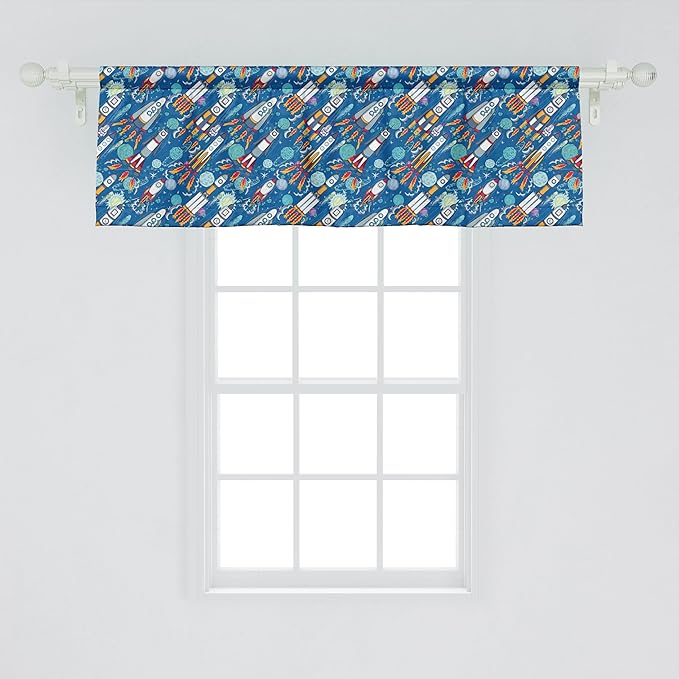 Ambesonne Spaceship Window Valance, Hand-Drawn Cartoon Spaceships Planets and Stars Outer Space Exploration Theme, Curtain Valance for Kitchen Bedroom Decor with Rod Pocket, 54" X 18", Violet Blue