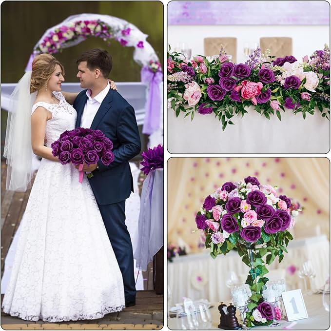 Ouddy Decor 20 Pcs Red Roses Artificial Silk Flowers Fake Roses Bouquet with Long Stems for Valentines Day Decor Wedding Home Party Table Centerpieces Bridal Bouquet DIY Floral Arrangment, Purple