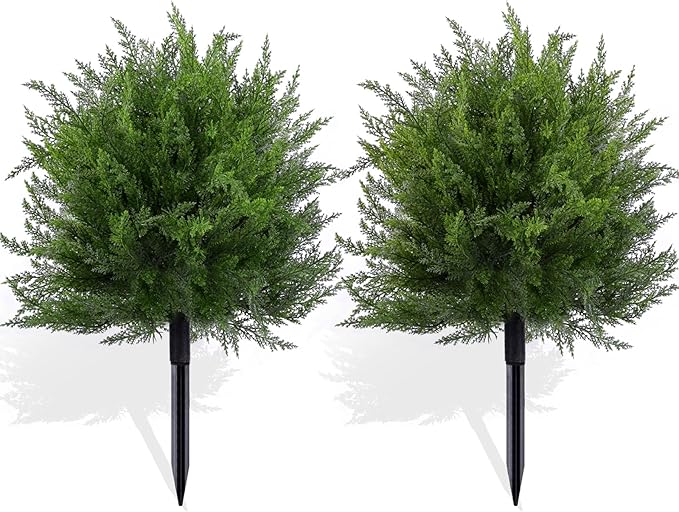 23.6" Artificial Cypress Topiary Christmas Tree with Spike, 2 Pack Faux Cedar Bushes UV Resistant Fake Shrubs for Front Porch Winter Decor (Cedar Topiary Ball Trees)